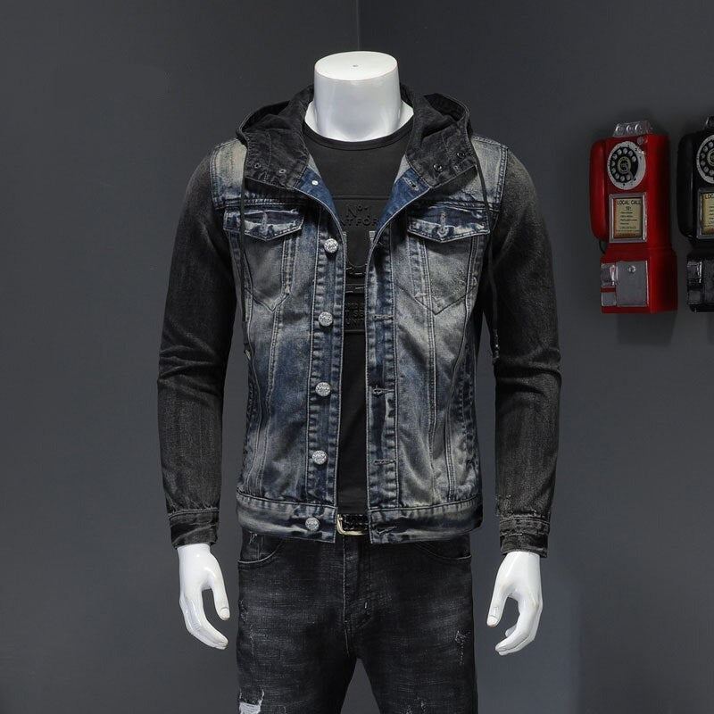 Style Européen À Capuche Colorblock Bomber Pilote Bleu Denim Veste Hommes Jeans Manteaux Moto Décontracté Mince Vêtements D'extérieur Pardessus - Un Jean Bleu