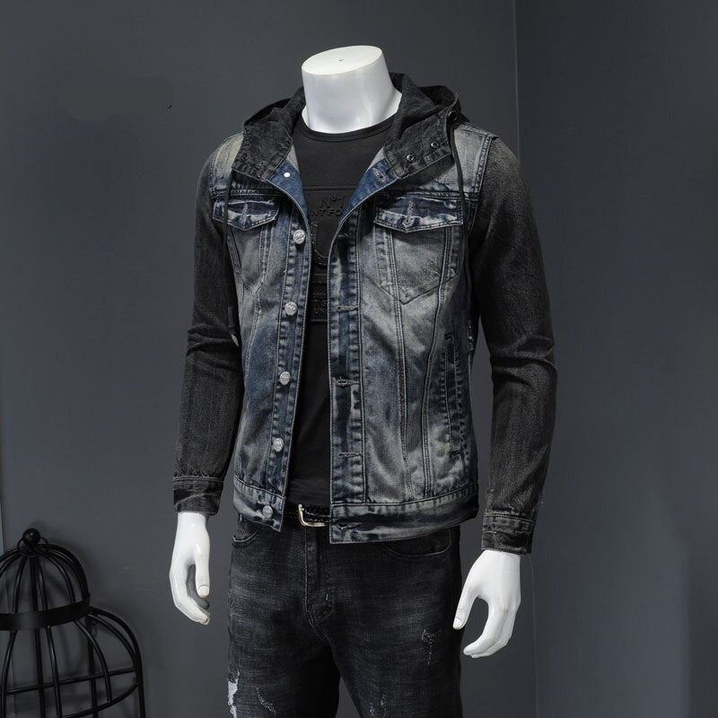 Style Européen À Capuche Colorblock Bomber Pilote Bleu Denim Veste Hommes Jeans Manteaux Moto Décontracté Mince Vêtements D'extérieur Pardessus - Un Jean Bleu