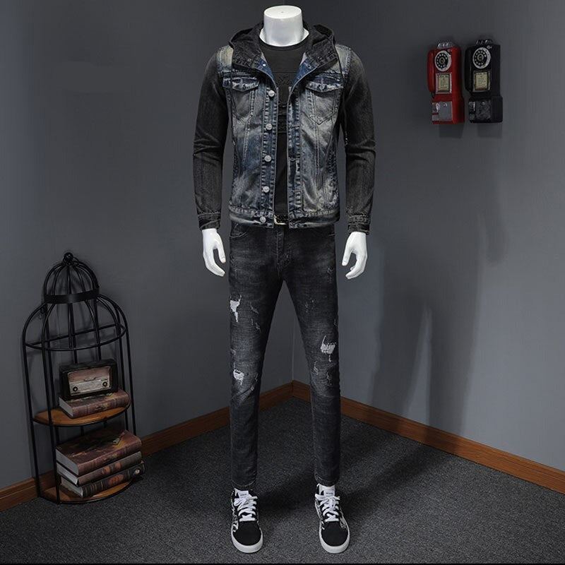 Style Européen À Capuche Colorblock Bomber Pilote Bleu Denim Veste Hommes Jeans Manteaux Moto Décontracté Mince Vêtements D'extérieur Pardessus - Un Jean Bleu