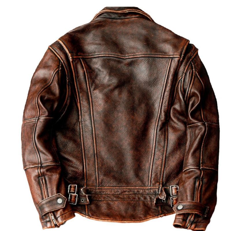 Style Veste En Cuir Véritable Manteau En Peau De Vache Marron Vintage De Motard Pour Hommes En - Brun