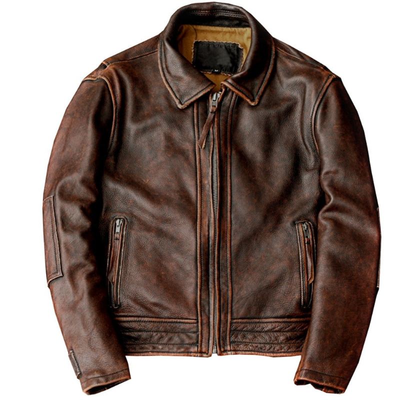 Style Veste En Cuir Véritable Manteau En Peau De Vache Marron Vintage De Motard Pour Hommes En - Brun