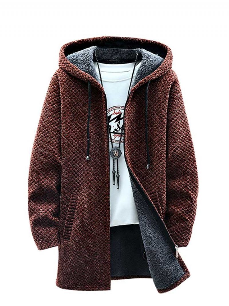 Sweatercoat Doublé Polaire Pour Hommes Cardigan Long À Capuche Avec Fermeture Éclair Vêtements D'extérieur Épais Et Solides Vestes Chaudes D'automne Et D'hiver