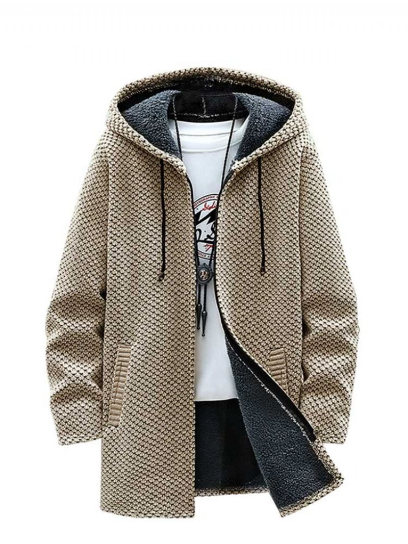 Sweatercoat Doublé Polaire Pour Hommes Cardigan Long À Capuche Avec Fermeture Éclair Vêtements D'extérieur Épais Et Solides Vestes Chaudes D'automne Et D'hiver - Caramel