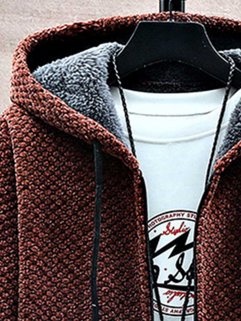 Sweatercoat Doublé Polaire Pour Hommes Cardigan Long À Capuche Avec Fermeture Éclair Vêtements D'extérieur Épais Et Solides Vestes Chaudes D'automne Et D'hiver - Caramel