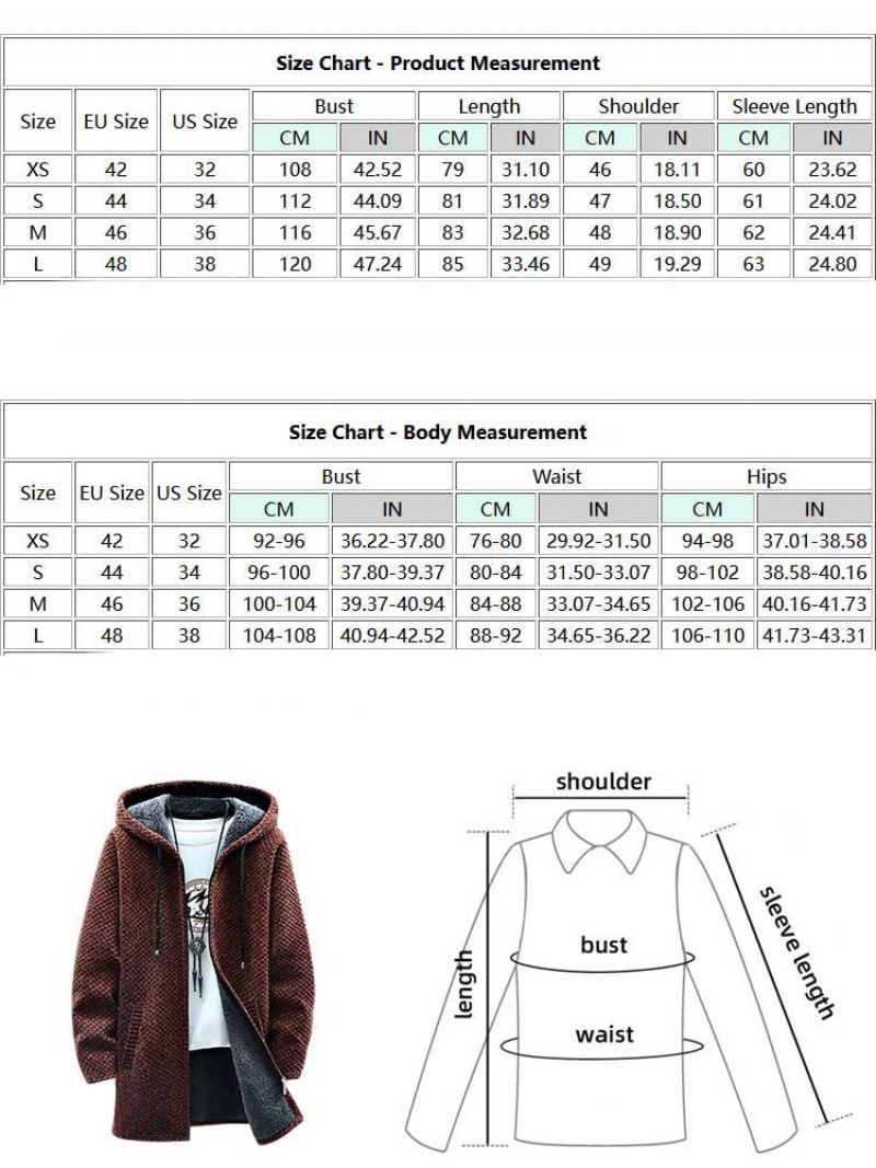 Sweatercoat Doublé Polaire Pour Hommes Cardigan Long À Capuche Avec Fermeture Éclair Vêtements D'extérieur Épais Et Solides Vestes Chaudes D'automne Et D'hiver - Caramel