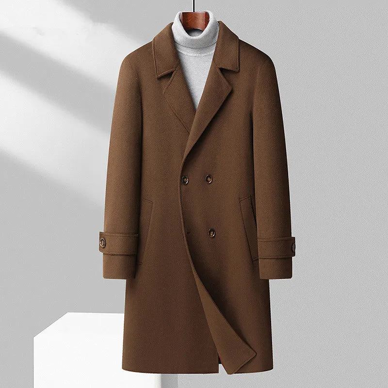 Trench-coat En Laine Épaisse Pour Hommes Manteau Long À Double Boutonnage Automne Et Hiver - Noir