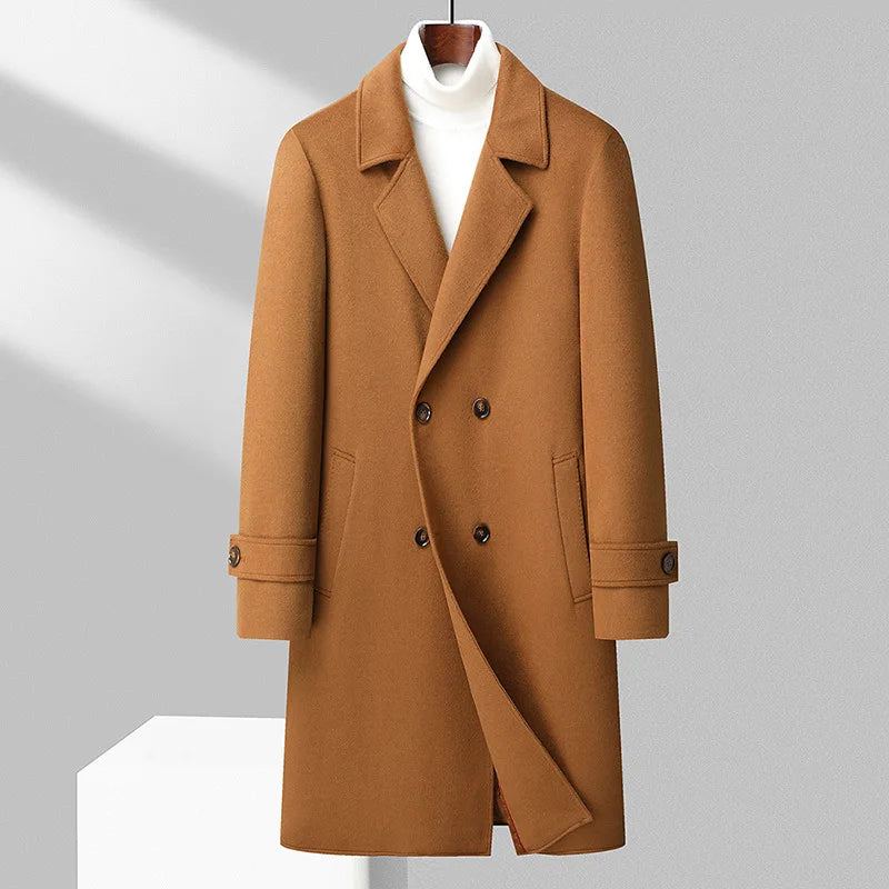 Trench-coat En Laine Épaisse Pour Hommes Manteau Long À Double Boutonnage Automne Et Hiver - Noir