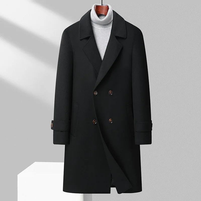 Trench-coat En Laine Épaisse Pour Hommes Manteau Long À Double Boutonnage Automne Et Hiver - Noir