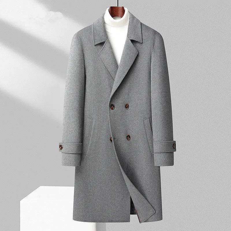 Trench-coat En Laine Épaisse Pour Hommes Manteau Long À Double Boutonnage Automne Et Hiver - Noir