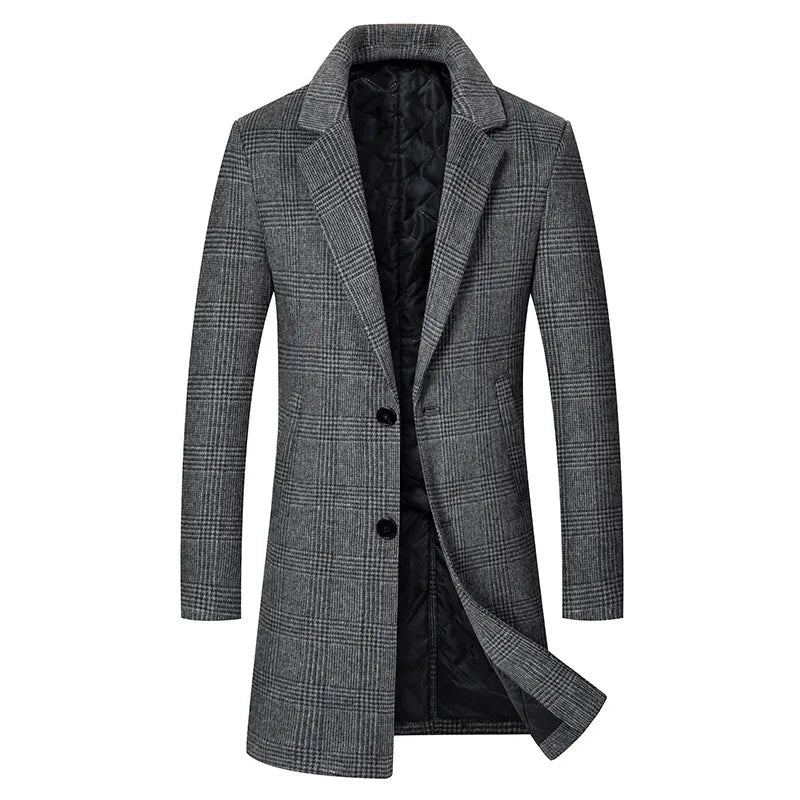 Trench-coat En Laine Mélangée Pour Homme Haut D'hiver Long À Simple Boutonnage Veste Classique Élégante - Kaki