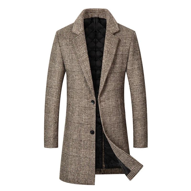 Trench-coat En Laine Mélangée Pour Homme Haut D'hiver Long À Simple Boutonnage Veste Classique Élégante - Kaki