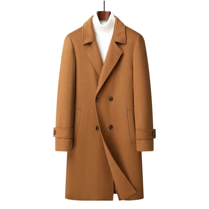 Trench-coat Long En Laine Épaisse À Double Boutonnage Pour Hommes Pardessus Coupe-vent Vêtements D'extérieur - Kaki