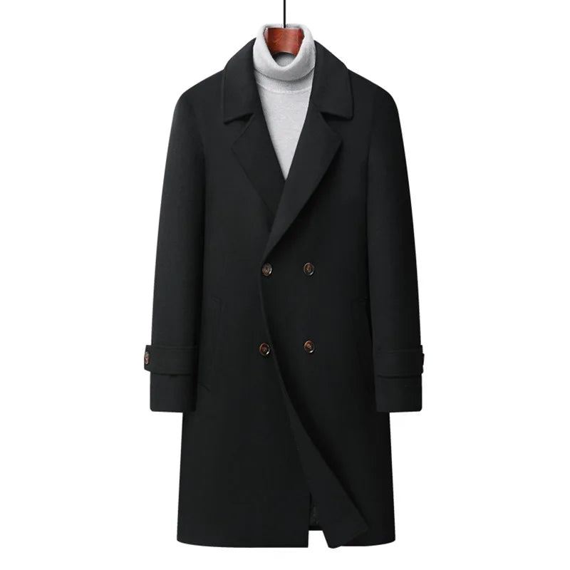 Trench-coat Long En Laine Épaisse À Double Boutonnage Pour Hommes Pardessus Coupe-vent Vêtements D'extérieur - Kaki