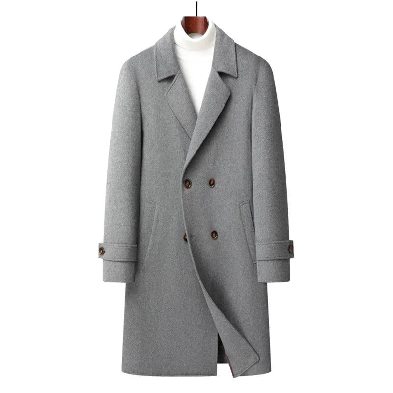 Trench-coat Long En Laine Épaisse À Double Boutonnage Pour Hommes Pardessus Coupe-vent Vêtements D'extérieur - Kaki