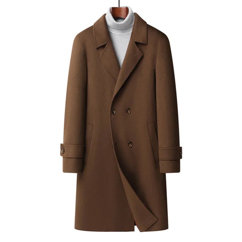 Trench-coat Long En Laine Épaisse À Double Boutonnage Pour Hommes Pardessus Coupe-vent Vêtements D'extérieur - Kaki