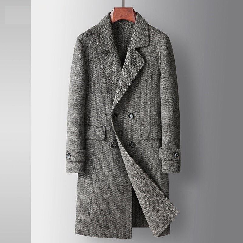 Trench-coat Long En Laine De Haute Qualité Pour Hommes Vestes Pardessus Automne - Gris Foncé