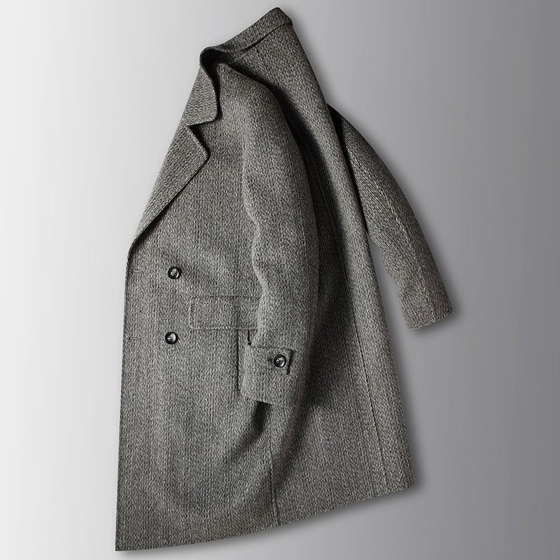 Trench-coat Long En Laine De Haute Qualité Pour Hommes Vestes Pardessus Automne - Gris Foncé