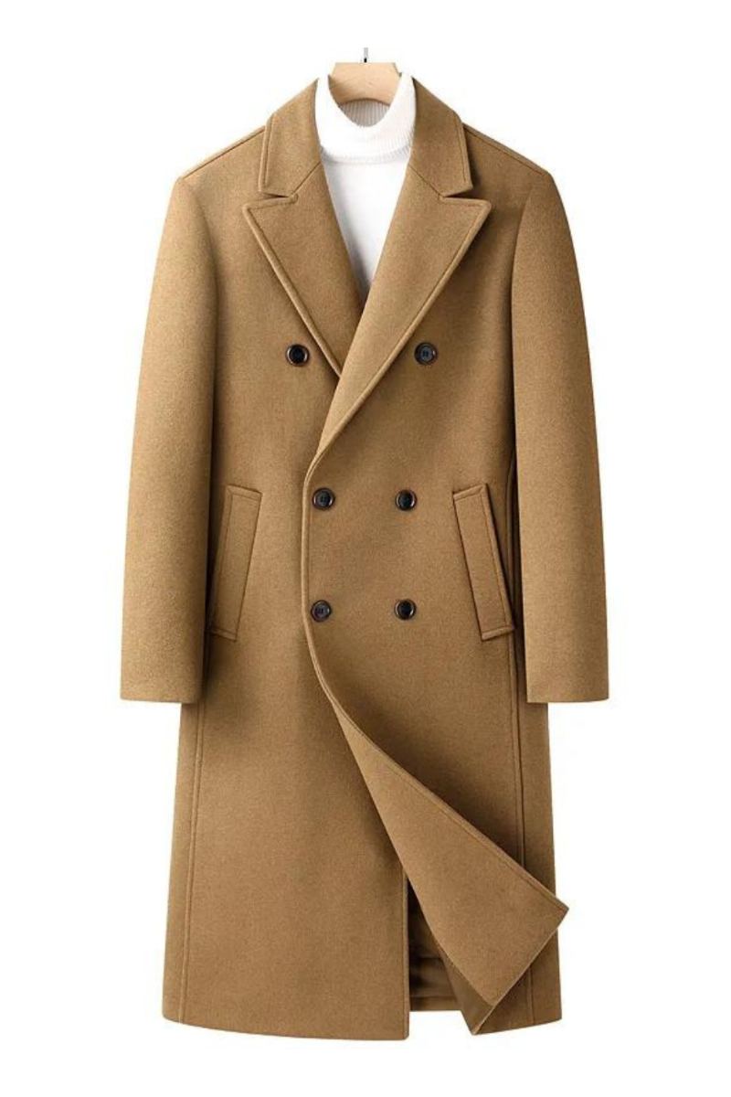 Trench-coat En Mélange De Laine Pour Hommes Manteau À Double Boutonnage Long Décontracté Revers Cranté Pardessus Classique Automne-hiver