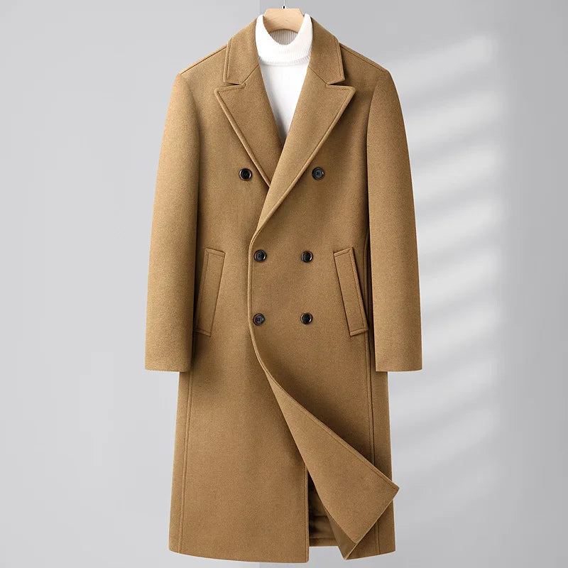 Trench-coat En Mélange De Laine Pour Hommes Manteau À Double Boutonnage Long Décontracté Revers Cranté Pardessus Classique Automne-hiver - Gris