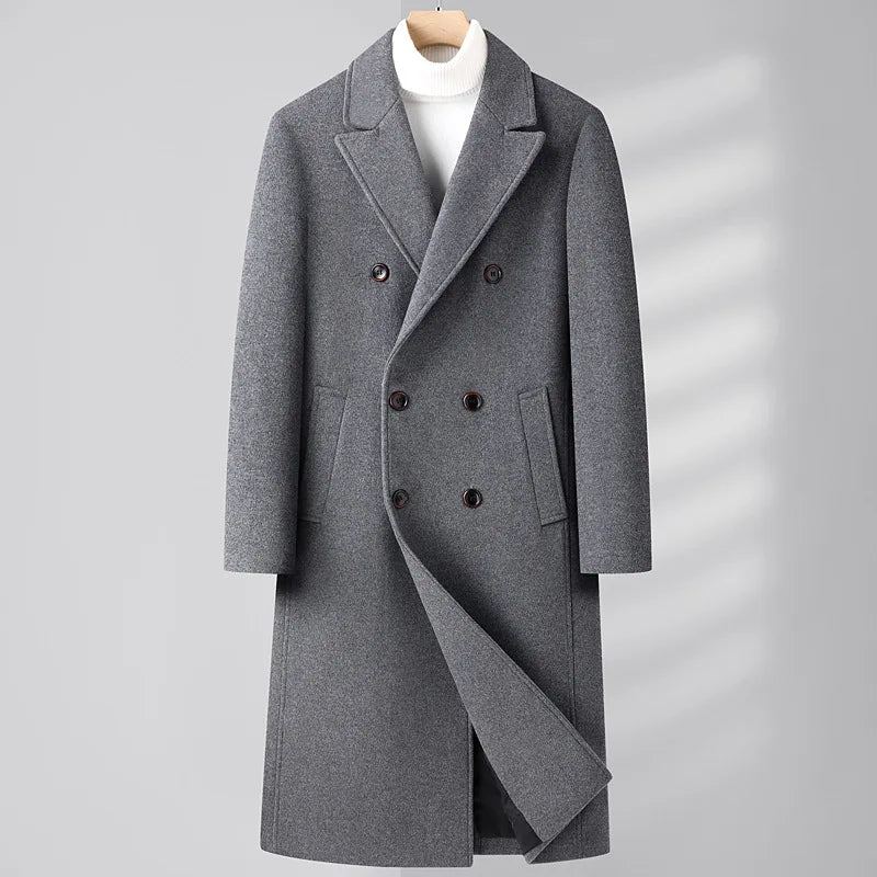 Trench-coat En Mélange De Laine Pour Hommes Manteau À Double Boutonnage Long Décontracté Revers Cranté Pardessus Classique Automne-hiver - Gris