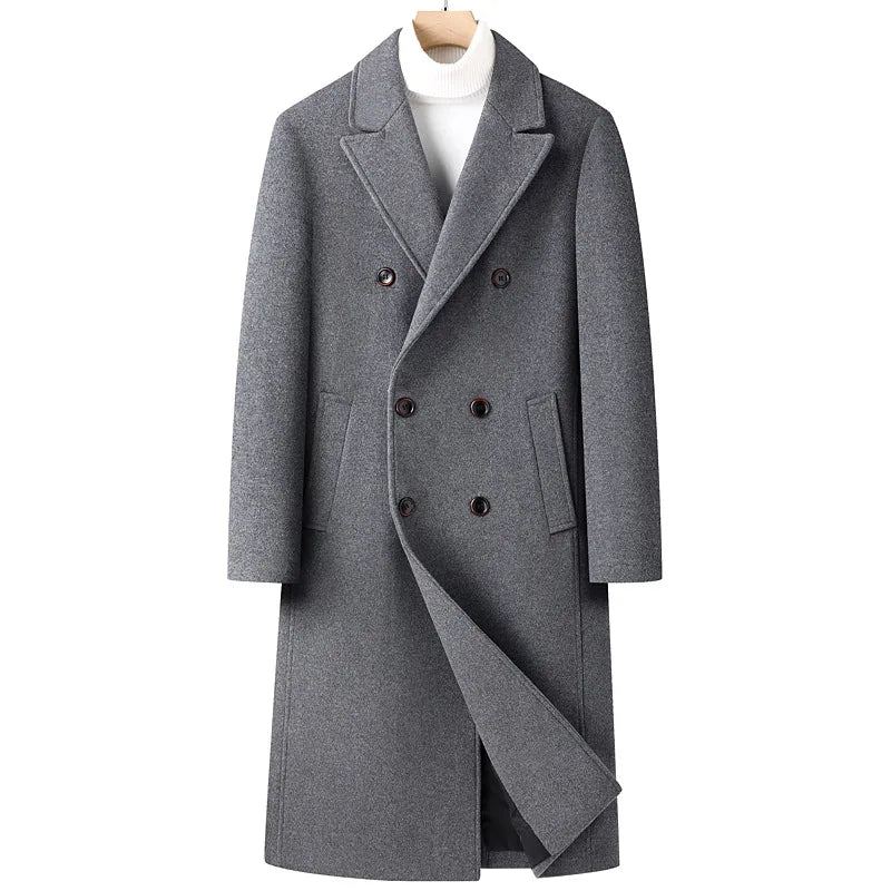 Trench-coat En Mélange De Laine Pour Hommes Manteau À Double Boutonnage Long Décontracté Revers Cranté Pardessus Classique Automne-hiver - Gris