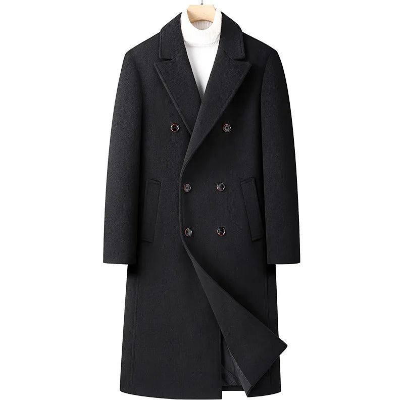 Trench-coat En Mélange De Laine Pour Hommes Manteau À Double Boutonnage Long Décontracté Revers Cranté Pardessus Classique Automne-hiver - Gris