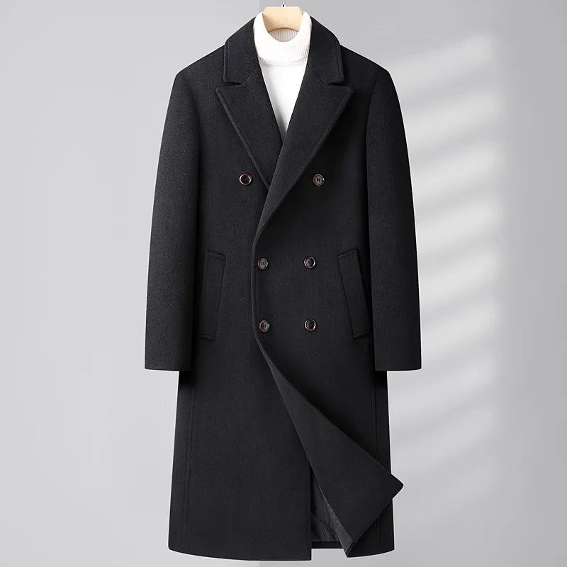 Trench-coat En Mélange De Laine Pour Hommes Manteau À Double Boutonnage Long Décontracté Revers Cranté Pardessus Classique Automne-hiver - Gris