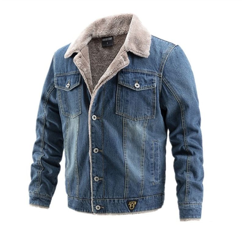 Velours Épais Denim Veste Hommes Décontracté Revers Coton Jeans Col De Fourrure Chaud Hiver Vestes Et Manteaux - Bleu Clair