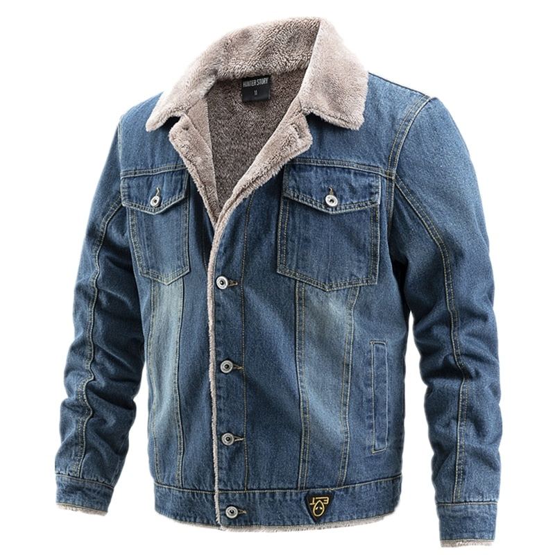 Velours Épais Denim Veste Hommes Décontracté Revers Coton Jeans Col De Fourrure Chaud Hiver Vestes Et Manteaux - Bleu Clair