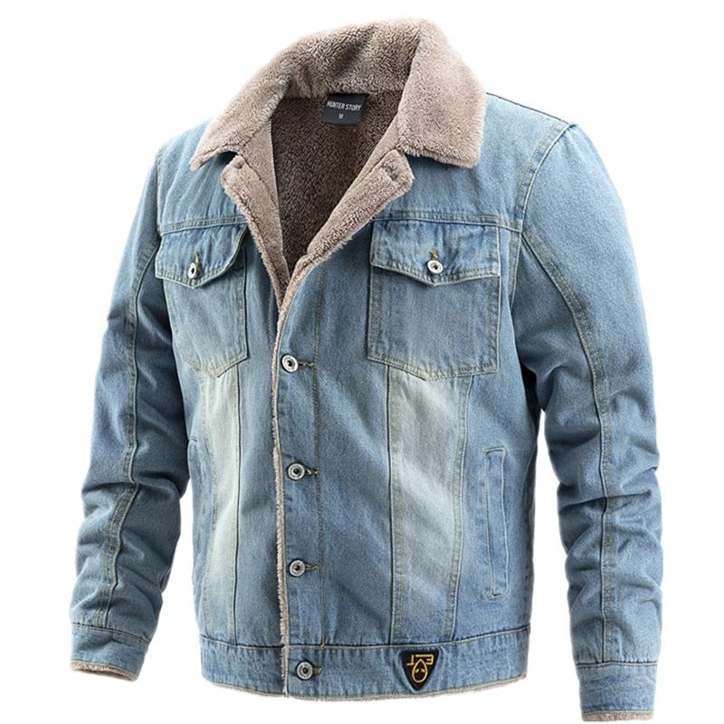 Velours Épais Denim Veste Hommes Décontracté Revers Coton Jeans Col De Fourrure Chaud Hiver Vestes Et Manteaux - Bleu Clair