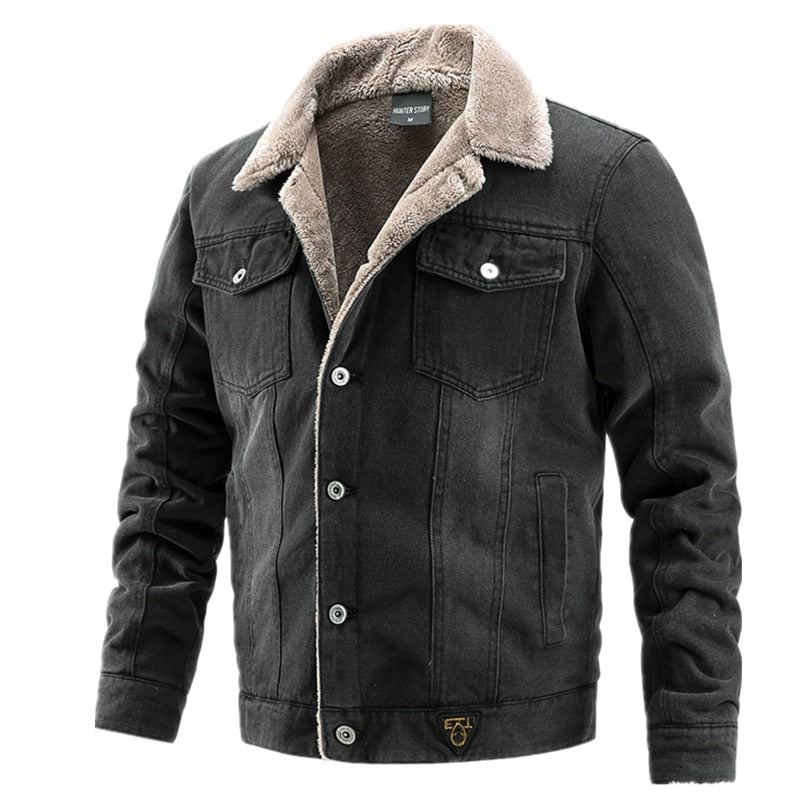 Velours Épais Denim Veste Hommes Décontracté Revers Coton Jeans Col De Fourrure Chaud Hiver Vestes Et Manteaux - Bleu Clair