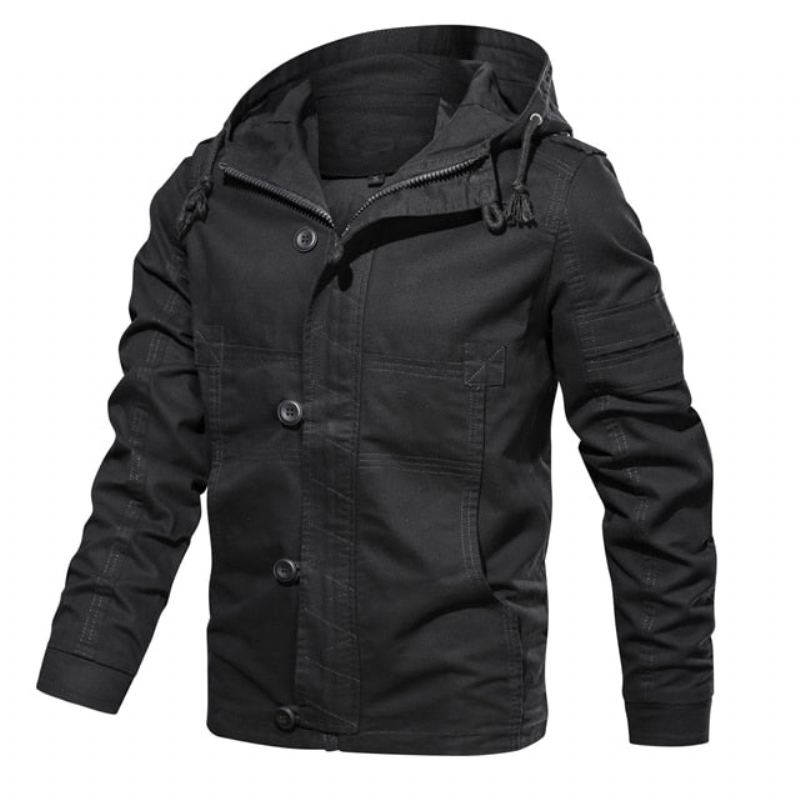 Veste D'automne À Capuche Pour Hommes Nouveau Manteau Militaire Décontracté Coupe Cintrée Vêtements De Marque - Noir