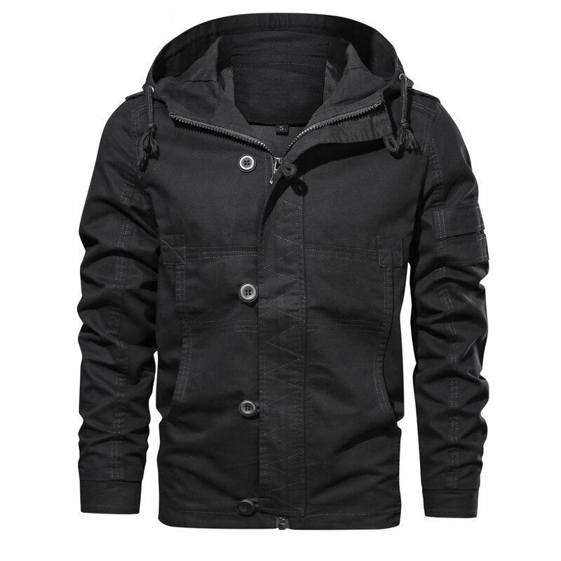 Veste D'automne À Capuche Pour Hommes Nouveau Manteau Militaire Décontracté Coupe Cintrée Vêtements De Marque - Noir