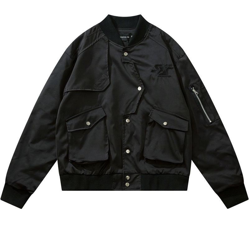 Veste Bombardier De Baseball Vintage Pour Hommes Streetwear Décontracté Solide Manteaux De Vol Militaires Vêtements D'extérieur Tactiques - Noir