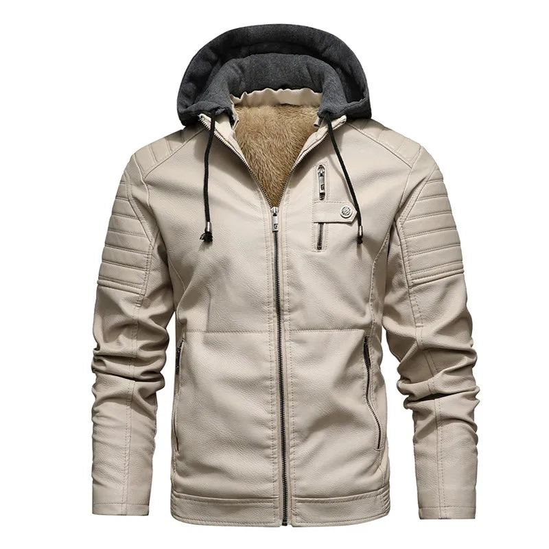 Veste À Capuche En Cuir Pour Moto Coupe-vent Décontracté Polaire Solide Slim Militaire Tactique Manteaux Épais Hiver - Blanc