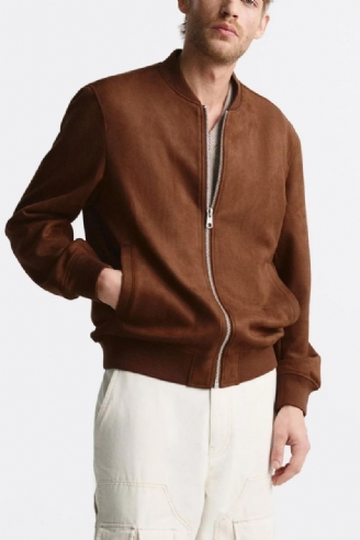 Veste À Col Montant Simple Pour Hommes Coupe Décontractée Bomber En Imitation Daim Manteau De Luxe Solide