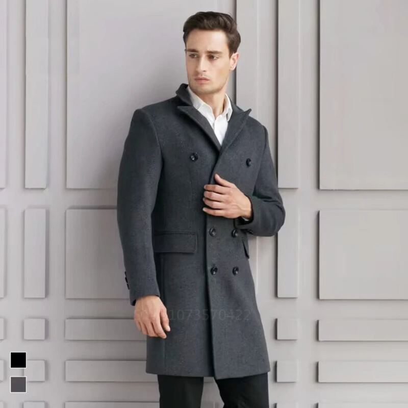 Veste De Costume En Laine Pour Hommes Manteau Long En Revers En Pointe Double Boutonnage Blazer Chaud Vêtements D'extérieur D'affaires D'hiver Pardessus - Gris Foncé