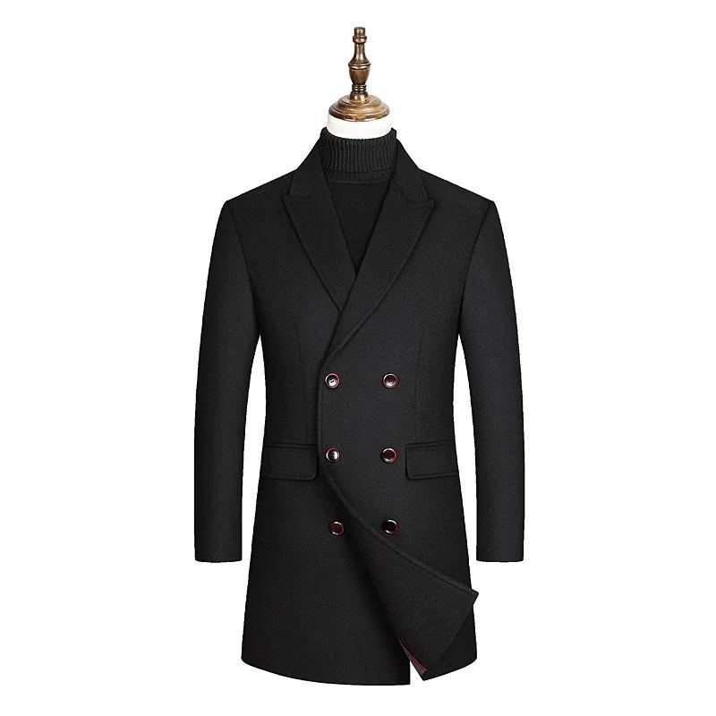 Veste Coupe-vent En Laine De Style Britannique Pour Homme Manteau Solide Tendance Coupe Cintrée Trench Élégant D'affaires - Noir