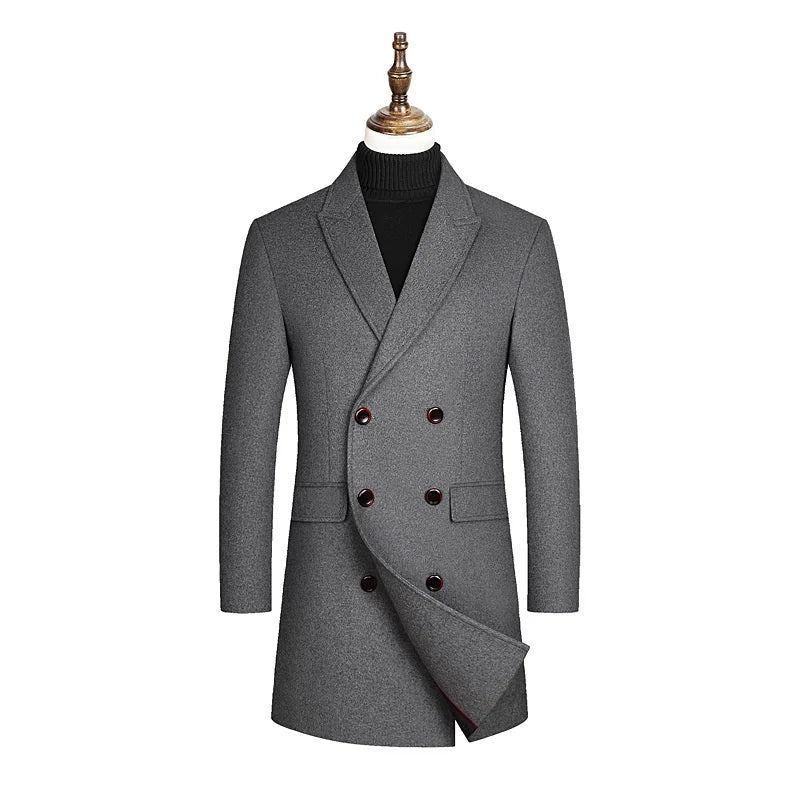 Veste Coupe-vent En Laine De Style Britannique Pour Homme Manteau Solide Tendance Coupe Cintrée Trench Élégant D'affaires - Noir