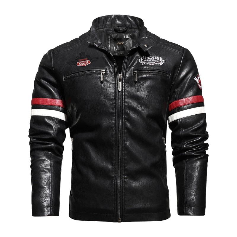 Veste En Cuir Pour Hommes Coutures Brodées De Moto Automne Hiver Manteaux De Streetwear Fins - Marine