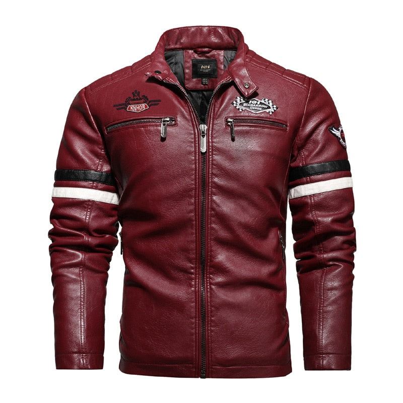 Veste En Cuir Pour Hommes Coutures Brodées De Moto Automne Hiver Manteaux De Streetwear Fins - Marine