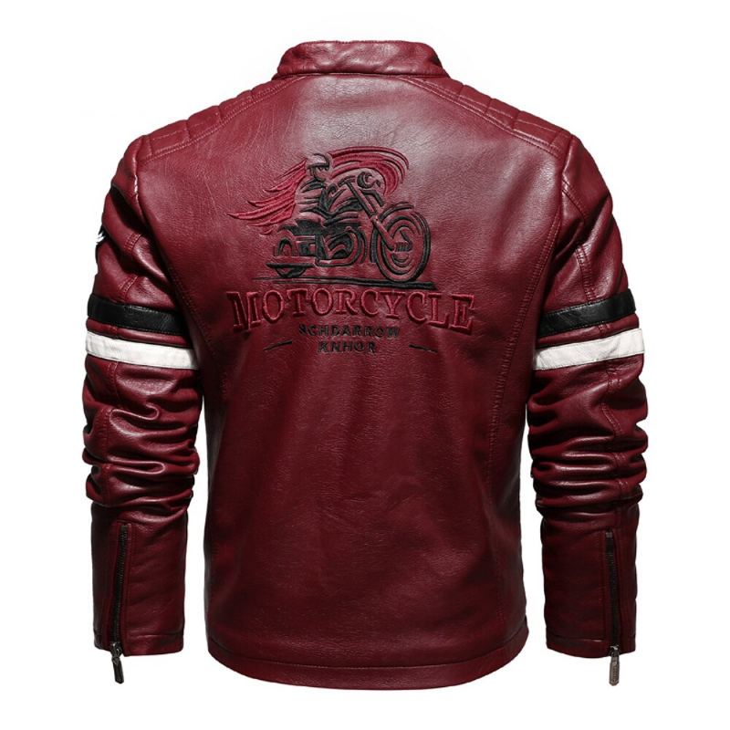 Veste En Cuir Pour Hommes Coutures Brodées De Moto Automne Hiver Manteaux De Streetwear Fins - Marine