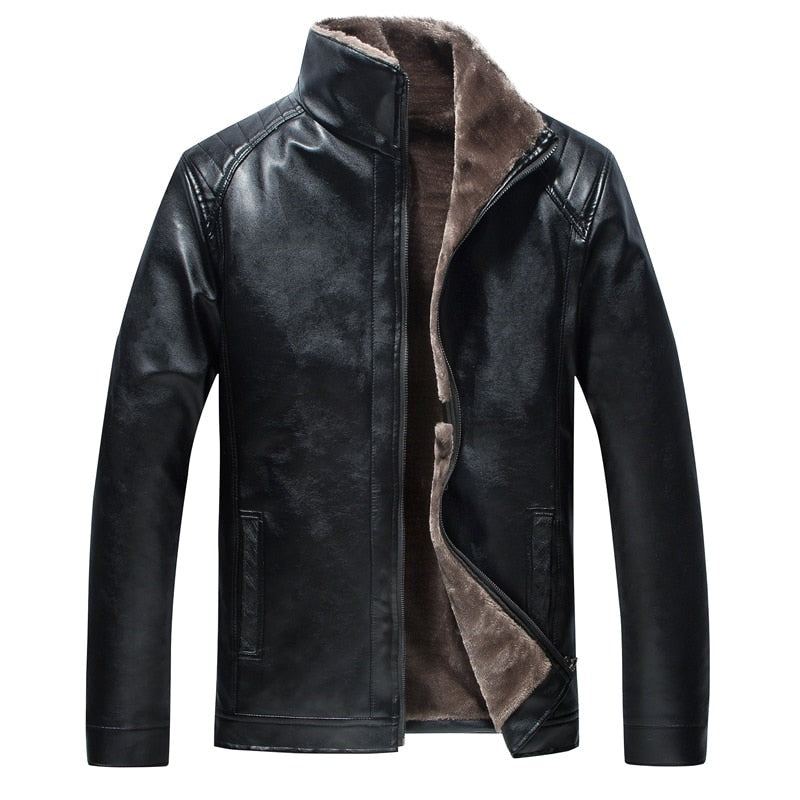 Veste En Cuir Hommes Hiver Polaire Épais Moto Coupe-vent Manteau Chaud Vêtements Masculins - Noir