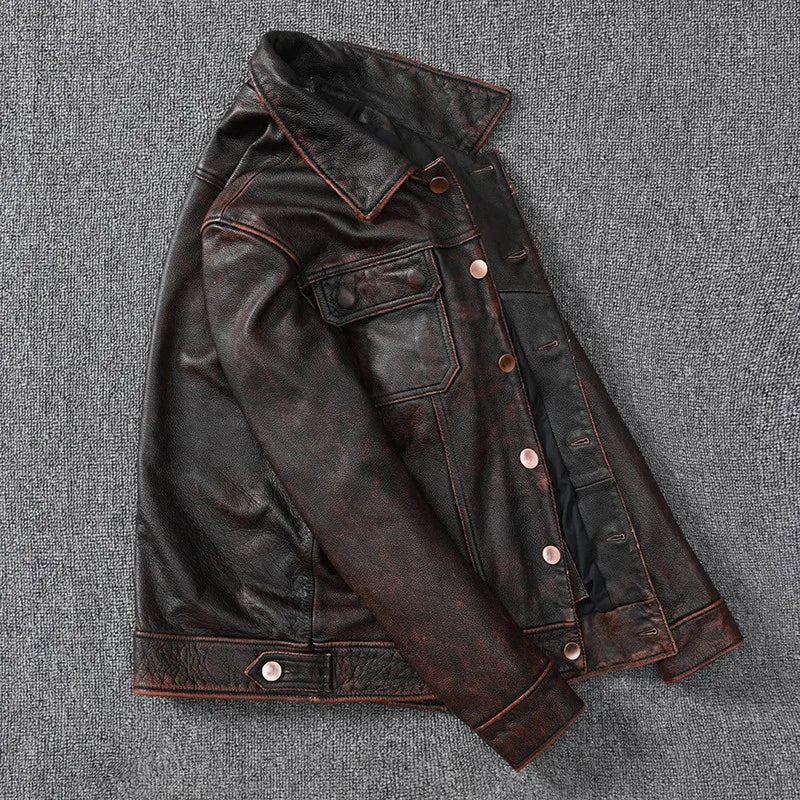 Veste En Cuir Pur Avec Couche De Pour Hommes Vieux Manteau Américain Fabriqué En Pierre - Brun