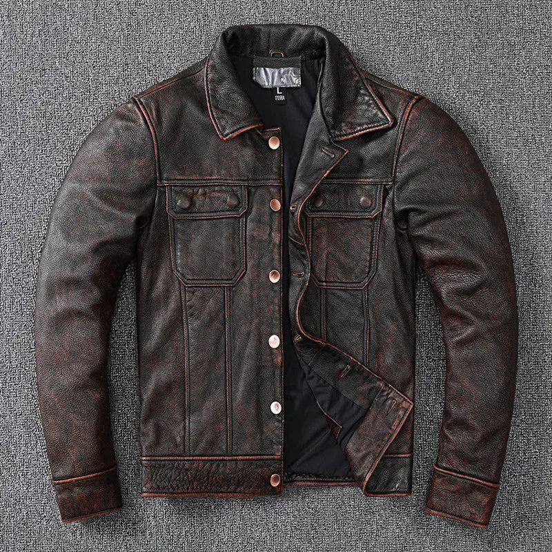 Veste En Cuir Pur Avec Couche De Pour Hommes Vieux Manteau Américain Fabriqué En Pierre - Brun