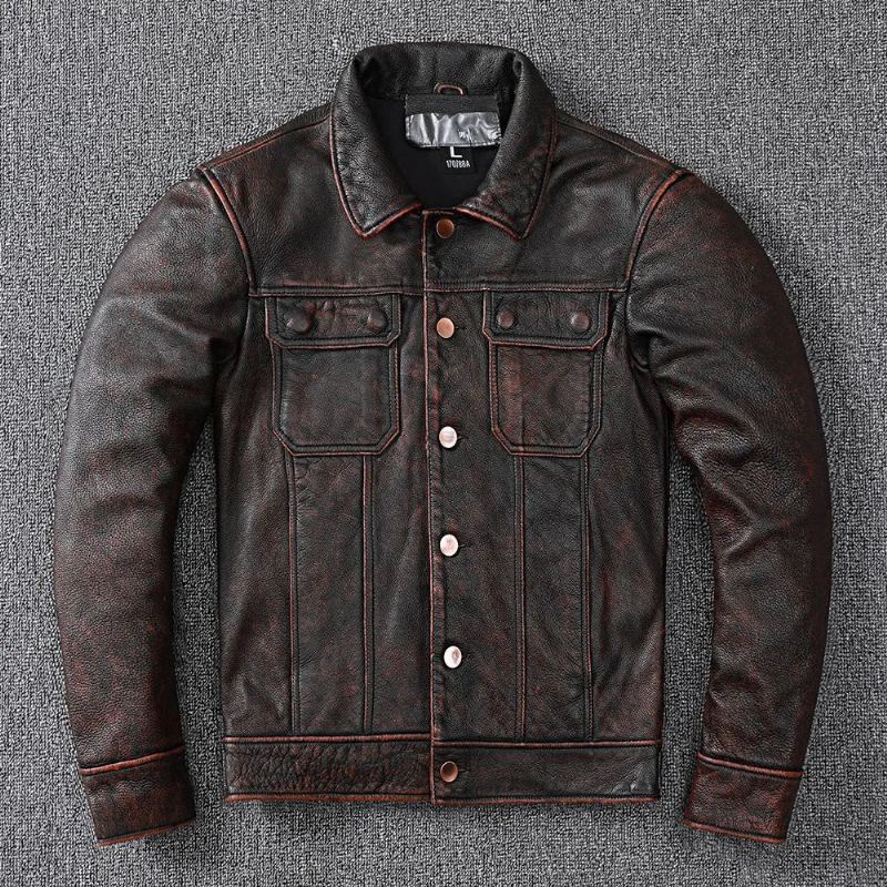 Veste En Cuir Pur Avec Couche De Pour Hommes Vieux Manteau Américain Fabriqué En Pierre - Brun