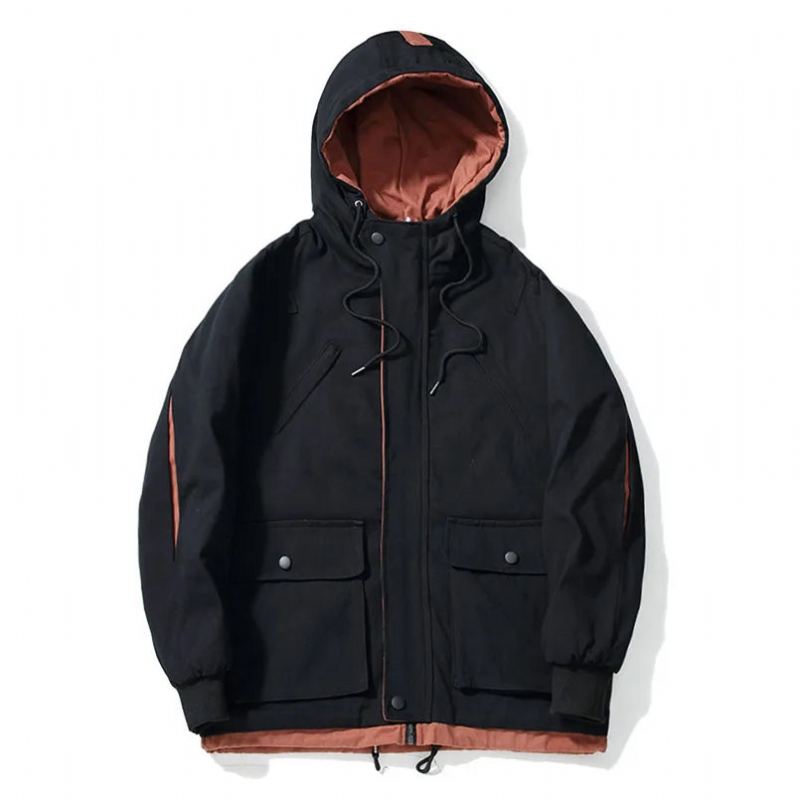 Veste Épaisse À Capuche Rembourrée Pour Homme Vintage Japonais Surdimensionné Tendance Manteau Cargo Vêtements Décontractés Joli Automne Et Hiver - Noir