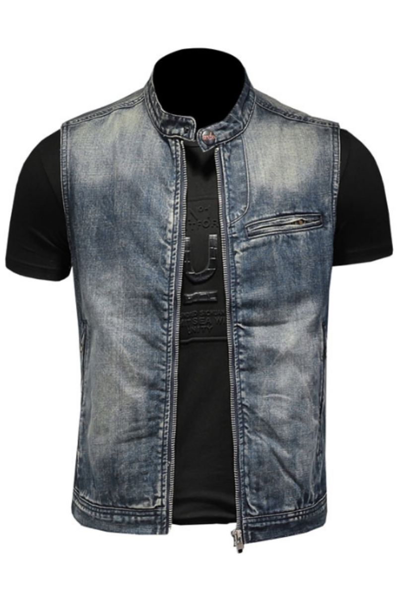 Veste D'été En Jean Rétro Pour Hommes Gilet En Denim Bleu Slim Col Montant Fermeture Éclair Sans Manches De Moto Cowboy