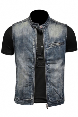 Veste D'été En Jean Rétro Pour Hommes Gilet En Denim Bleu Slim Col Montant Fermeture Éclair Sans Manches De Moto Cowboy