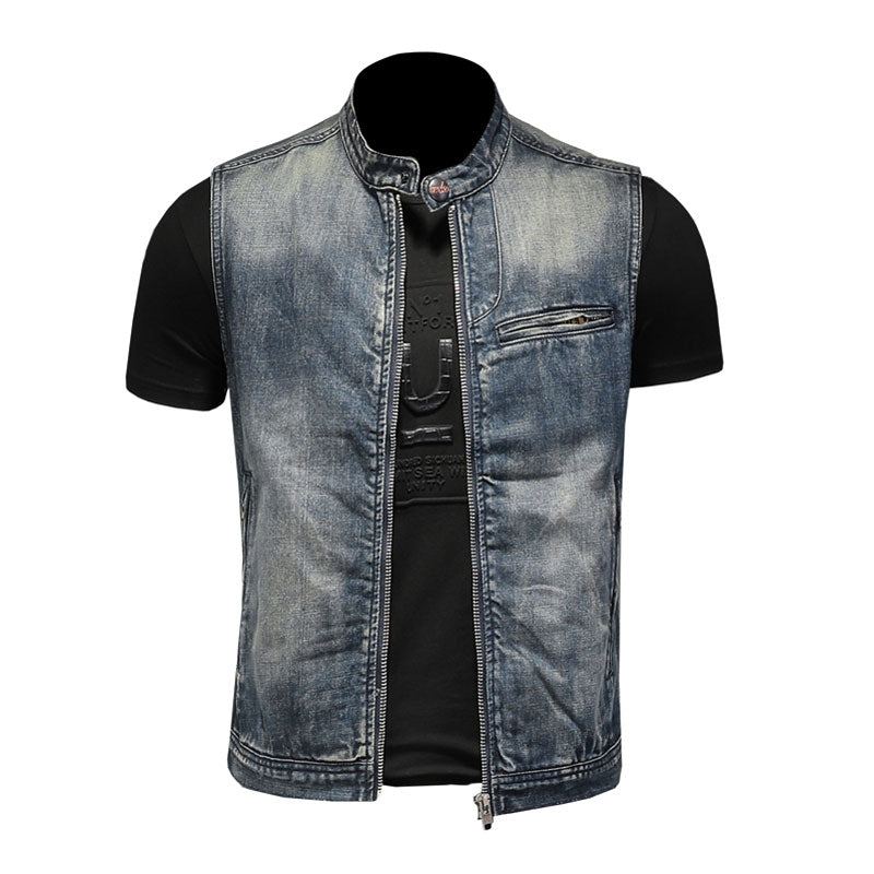 Veste D'été En Jean Rétro Pour Hommes Gilet En Denim Bleu Slim Col Montant Fermeture Éclair Sans Manches De Moto Cowboy - Bleu